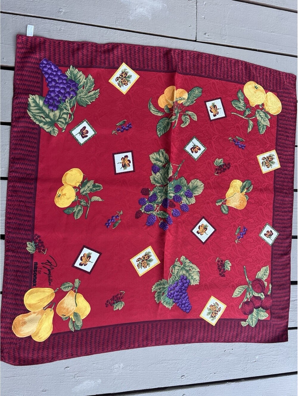 R Zanghellini for Nasonex Silk Red Scarf Ornate Fruit  34x34